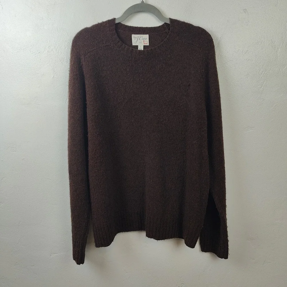 J. Crew Men Sweater Large Brown 100% Wool Crewneck Knit Minimalist Dark Academia